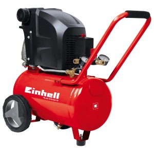 Einhell Kompressor TE-AC 270/24/10: Mobiler, roter 24-Liter-Druckluftkompressor mit Manometer und Tragegriff.