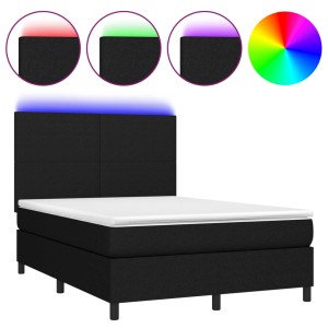 Schwarzes vidaXL Boxspringbett mit LED, Matratze und Topper, Stoffbezug, 140x190 cm.