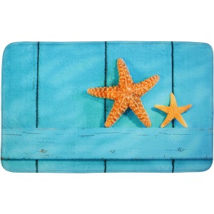 Sanilo Badteppich Starfish 70x110 cm mit Seestern-Motiv auf blauem Holz-Look.