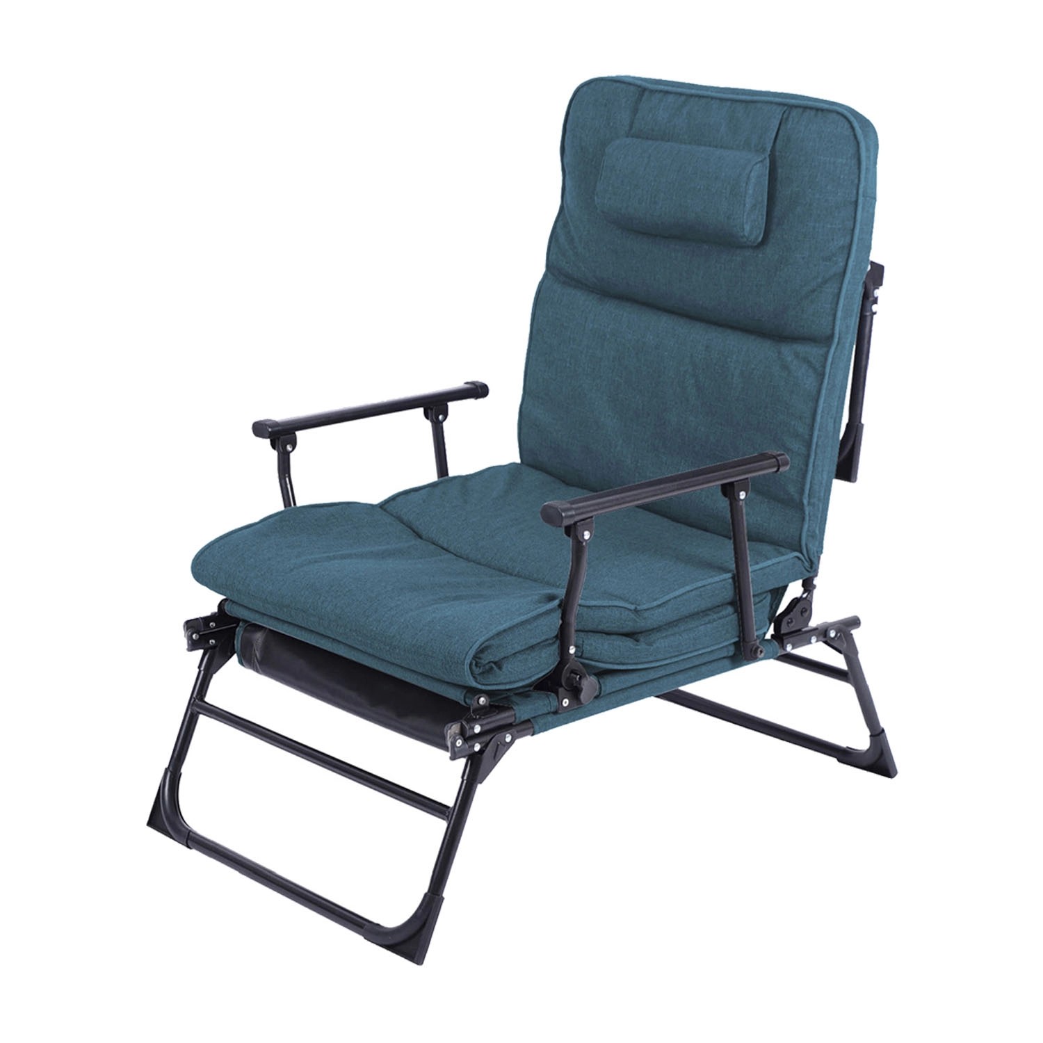 Blaue 2-in-1 Gartenliege/Relaxliege mit Polster und Kopfkissen.