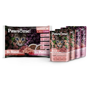 Pawsome Katzen-Nassfutter Junior, Mixpack Rind & Pute, 4x85g.