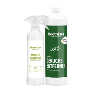 BactoDes Geruchsentferner Konzentrat 1L mit Mischflasche. Reiniger für schwer zugängliche Stellen.