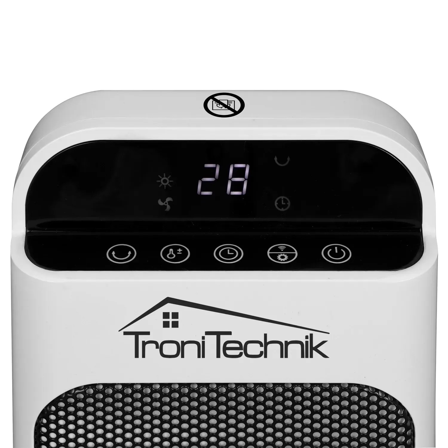 Detailansicht: TroniTechnik Turm-Keramikheizer mit LCD-Display und Touchpanel.
