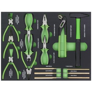 Werkstattwagen Einlage mit Hammer, Zangen und Durchschlägern in Grün. Werkzeug für Werkstattwagen.