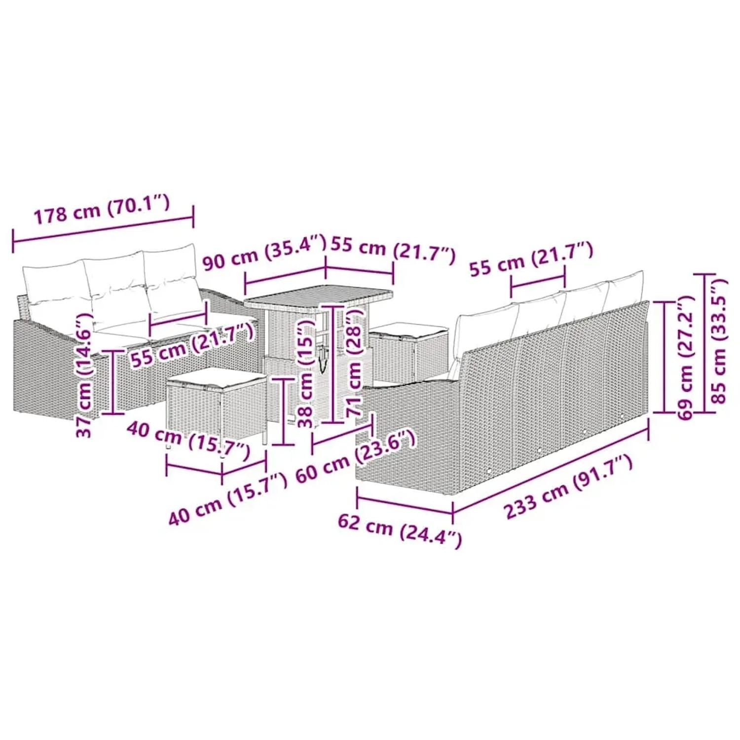 Graues 10-teiliges vidaXL Garten-Sofa-Set aus Poly Rattan mit Tisch und Kissen.