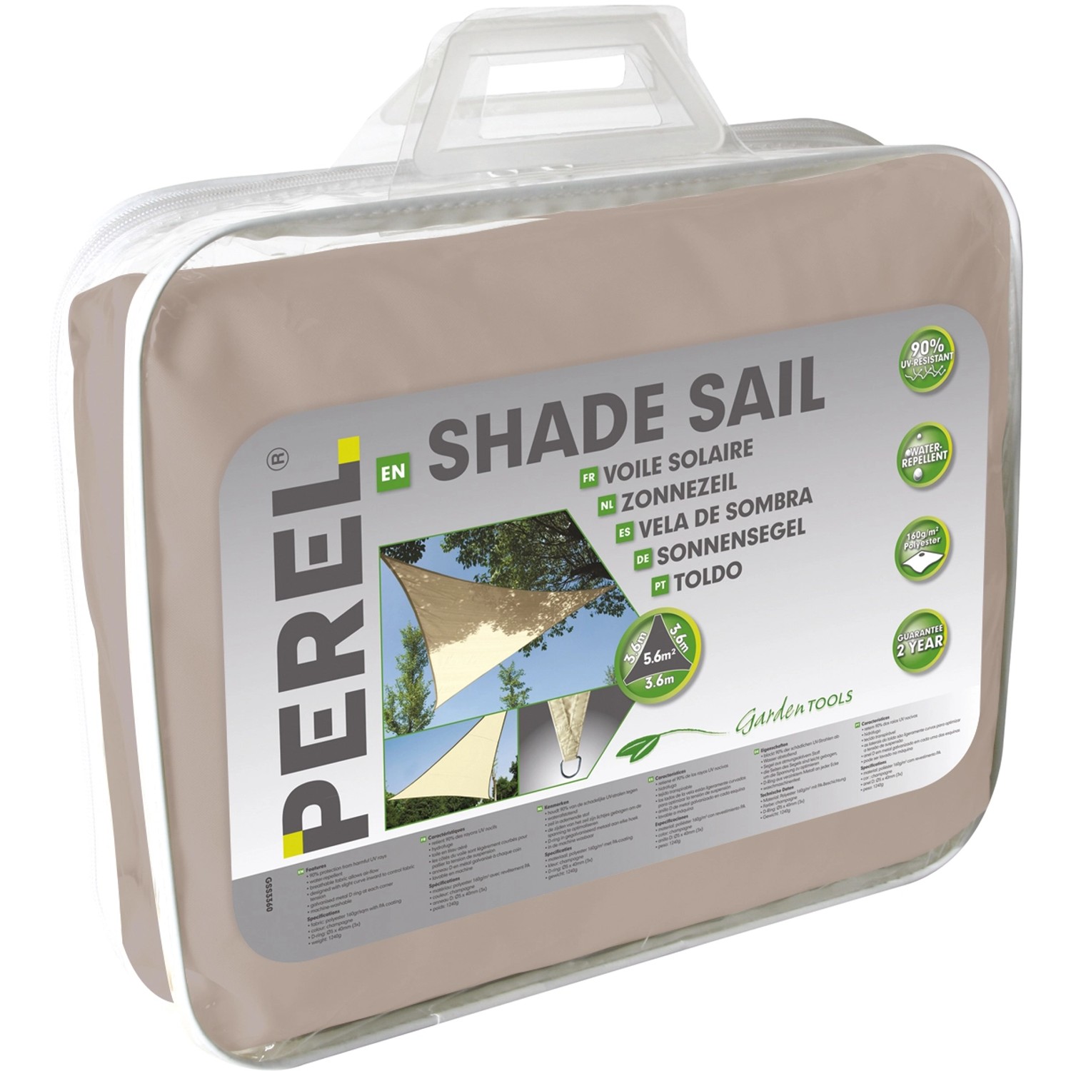 Verpacktes, braun-graues Perel Dreieck-Sonnensegel 360x360 cm, UV-Schutz, wasserabweisend.