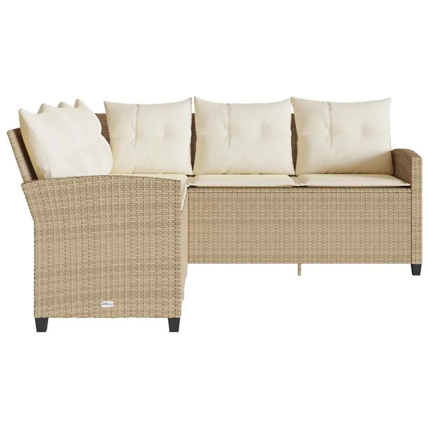 Beiges L-förmiges Couchsofa aus Poly Rattan mit Kissen für den Garten.