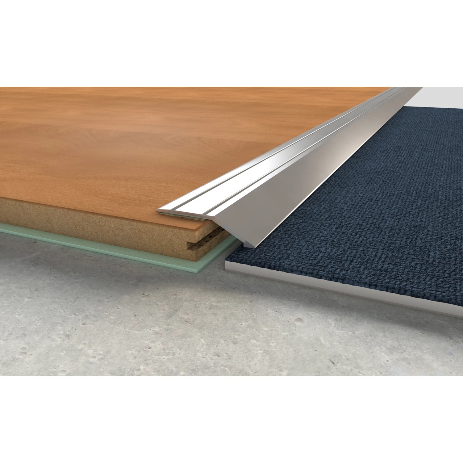 Selbstklebendes Ausgleichsprofil in Silber (1000 mm) zwischen Laminat und Teppich.