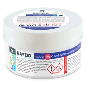 Bayzid Multiblock 5in1 für Pools, 4 x 500g, zur Desinfektion und Pflege. Blockform in weißer Dose.