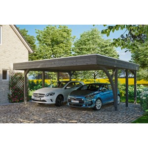Friesland Carport Set 7, schiefergrau, mit zwei geparkten Autos unter dem Doppelcarport.
