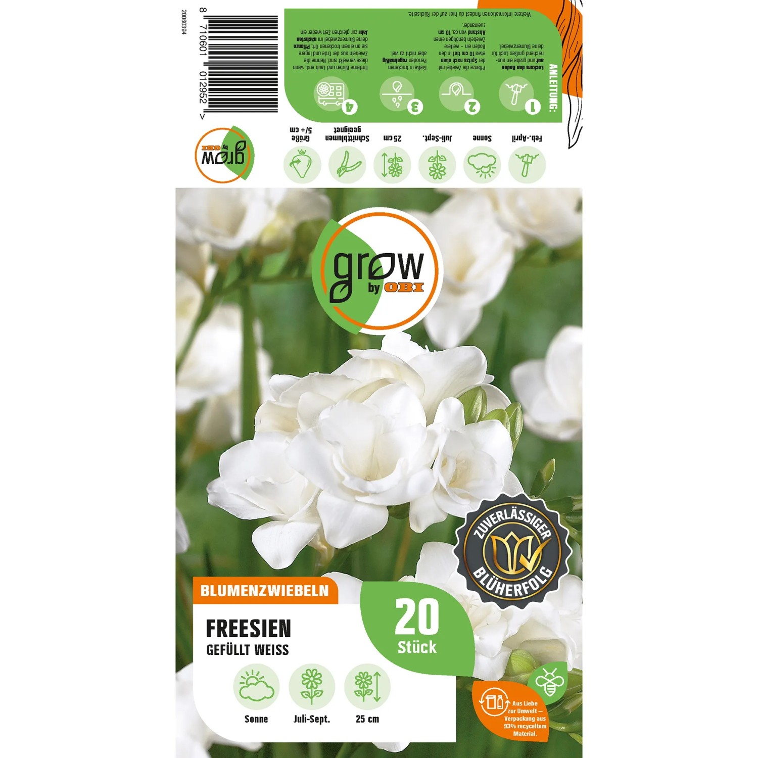 Verpackung GROW by OBI Freesie Gefüllt Weiss, Blumenzwiebeln mit weißen, gefüllten Blüten.