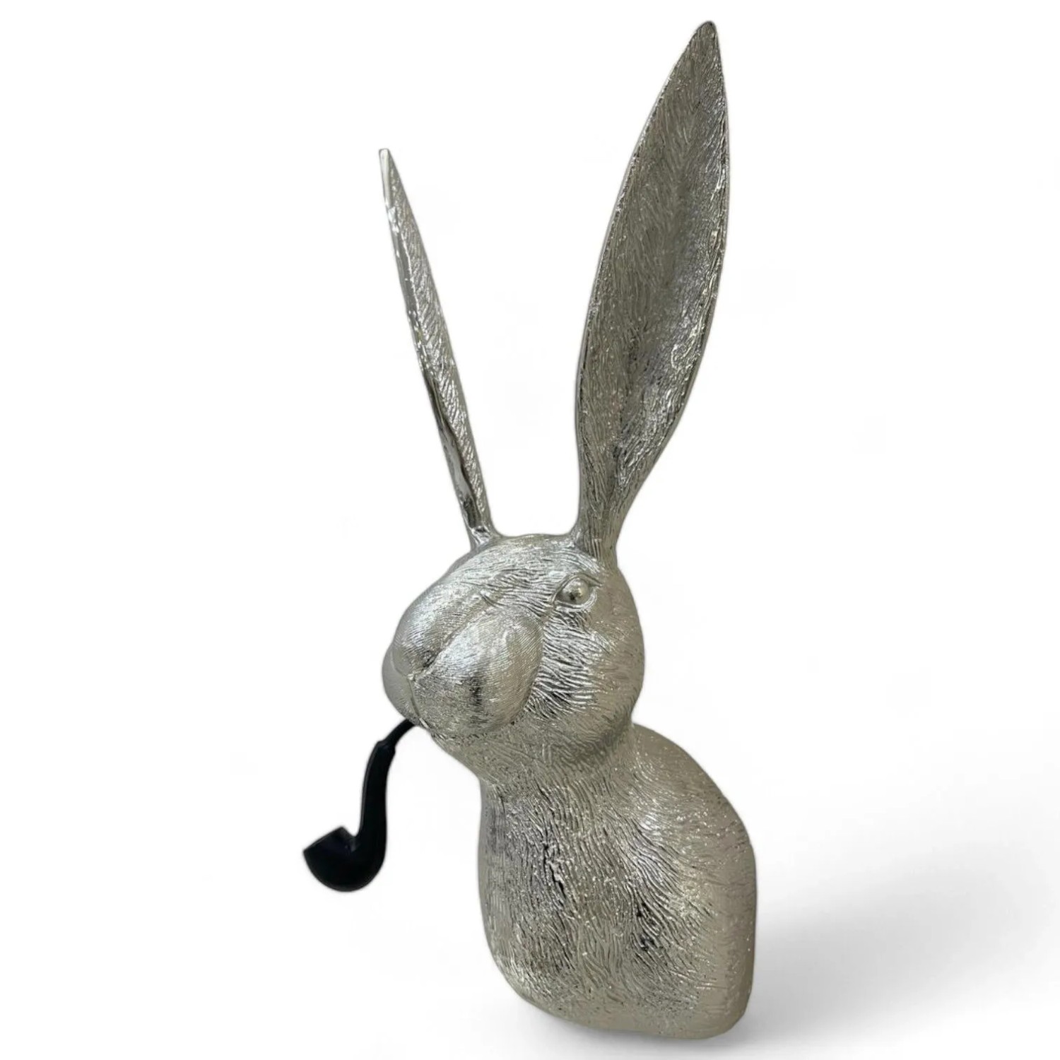 Silberner Deko-Hasenkopf aus Aluminium mit Pfeife, 68 cm hoch. Tierische Dekofigur für Haus und Garten.