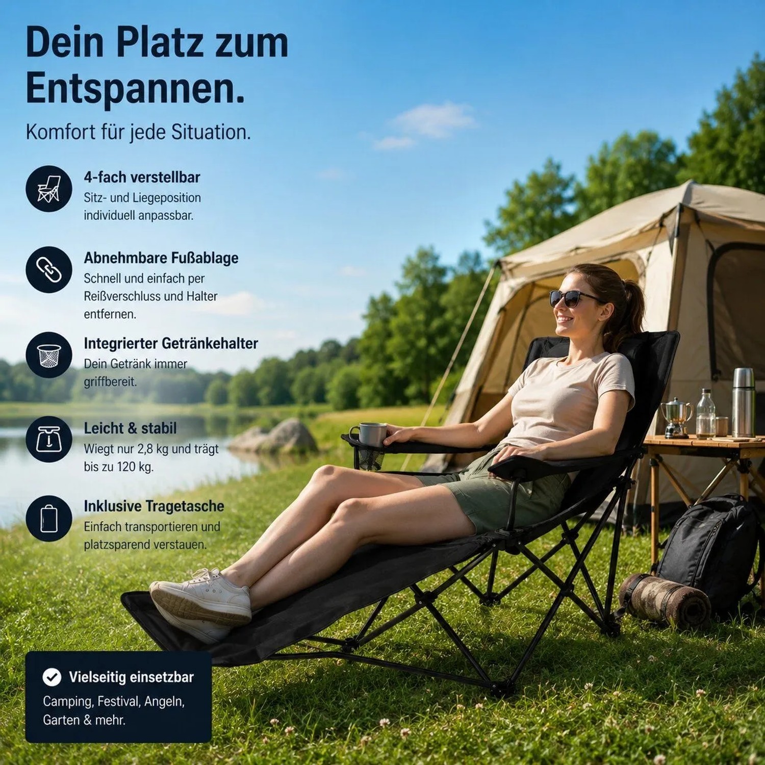BigDean Verstellbarer Campingstuhl mit Fußablage Campingstuhl Faltbar Outdoor Relaxsessel mit Hoher Rückenlehne Getränkehalter & Tragetasche_5
