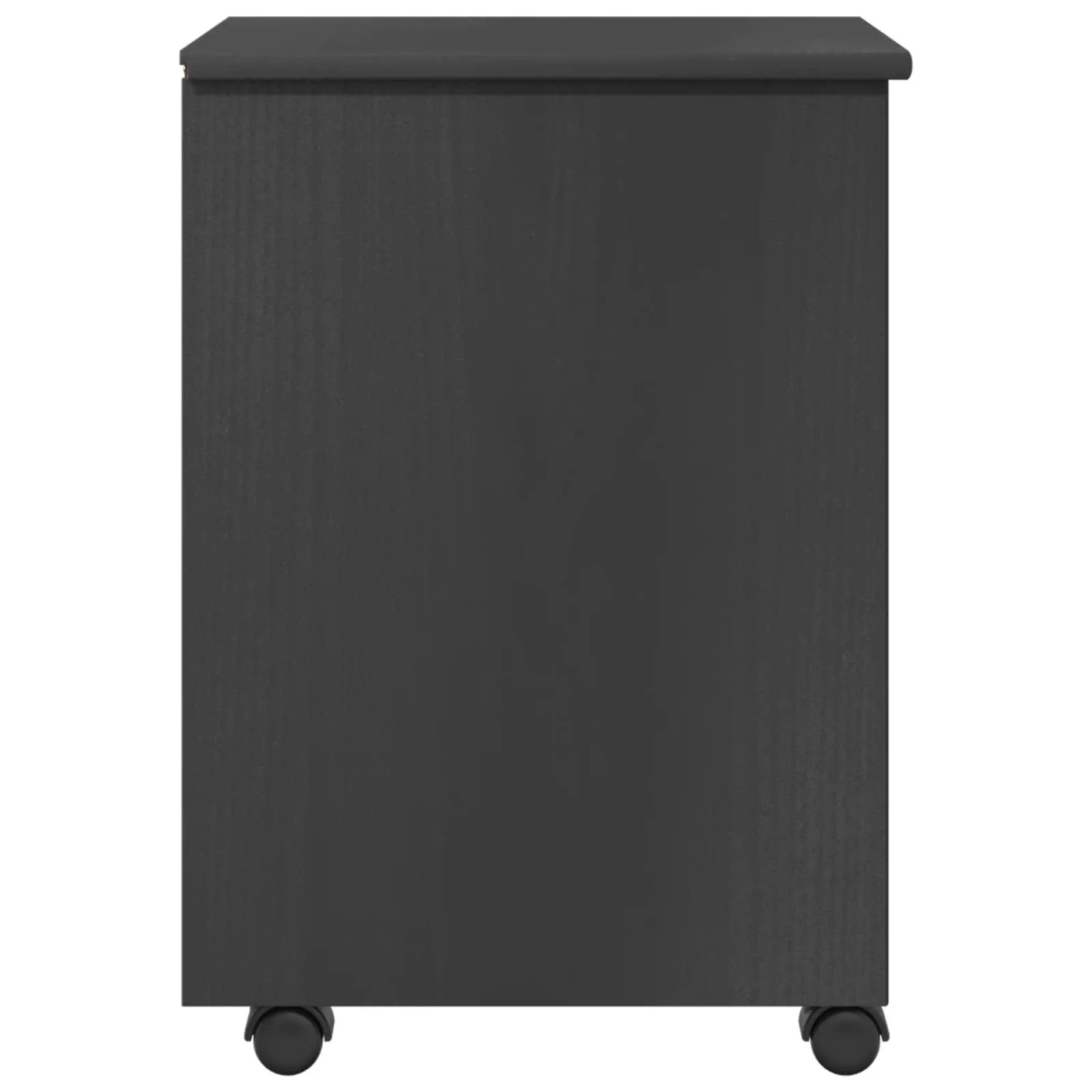 Grauer vidaXL Rollschrank aus massivem Kiefernholz mit Rollen, Seitenansicht. 4 Schubladen.