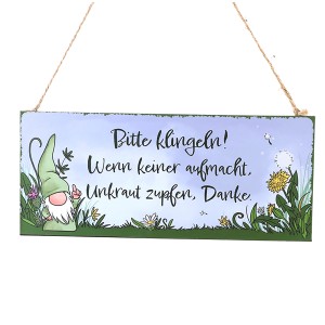 Metallschild "Bitte klingeln" mit Zwerg und Jutehänger, Gartendeko für den Eingangsbereich.