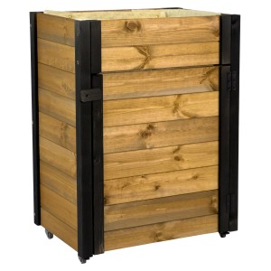 Rollbarer Gartenschrank mit Pflanzkasten aus Holz, braun/schwarz. Praktischer Gartenschrank für Gartenutensilien.