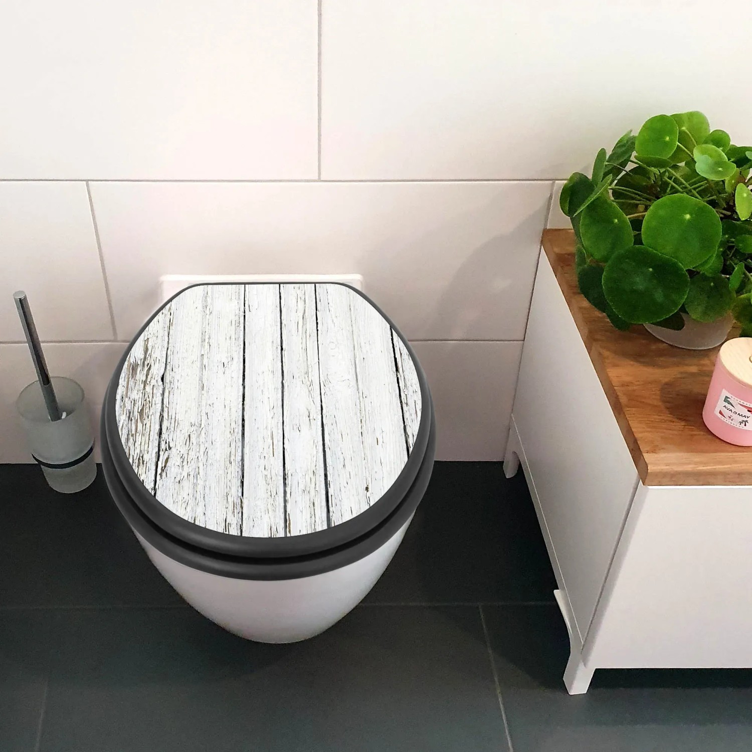 Banjado WC-Sitz Anthrazit mit weißem Bretterzaun Motiv und Absenkautomatik.
