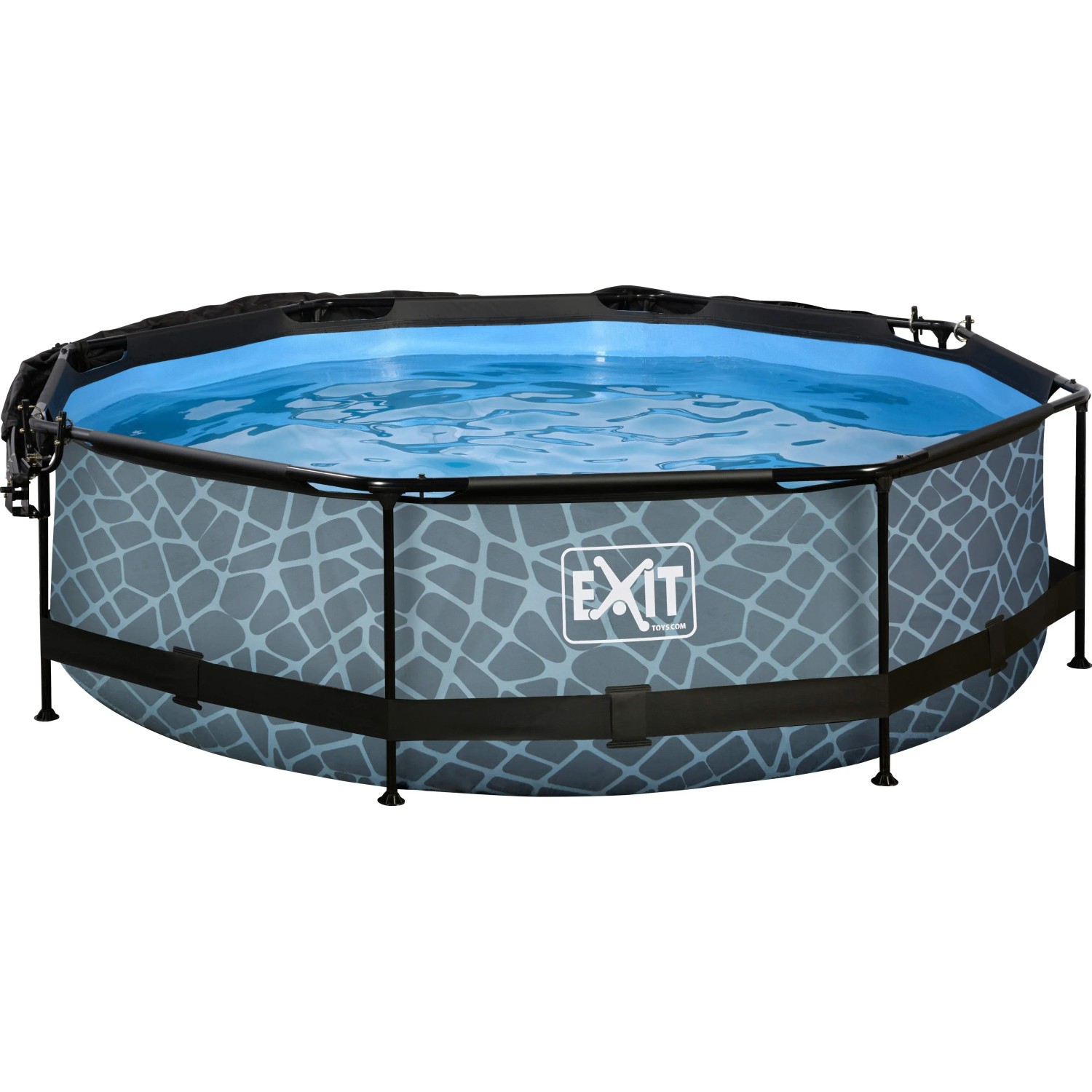 EXIT Stone Pool, grauer Stahlrahmenpool ø 300 cm mit Filterpumpe und Sonnensegel.