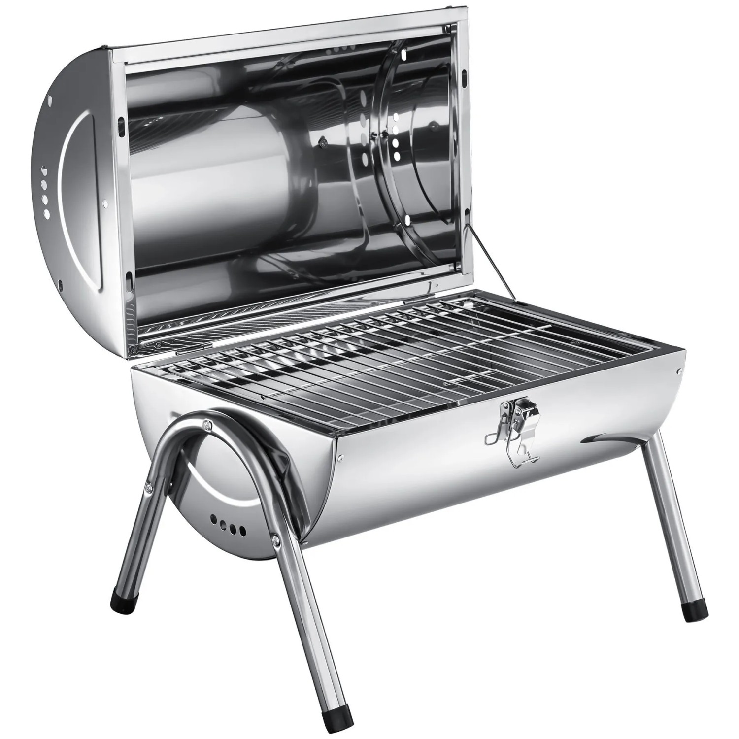 Tectake Edelstahlgrill  Mit Doppel Grillfläche und 2 Kohlewannen Breiter Holzgriff  Bodenschonende Fußkappen  30 5 x 42 x 44 cm Silber