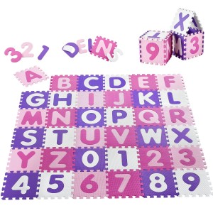 Juskys Kinder Puzzlematte Juna, 36-teilig mit Buchstaben und Zahlen in Rosa-, Lila- und Weißtönen.