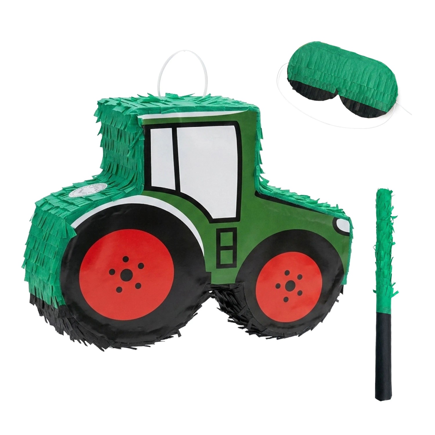 Relaxdays Traktor Pinata Seidenpapier Dunkelgrün Rot 3-teilig mit Stab und Maske 40 cm x 40 cm x 12 cm