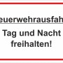 Warnschild Feuerwehrausfahrt Tag und Nacht freihalten, 30x20 cm, roter Rahmen.