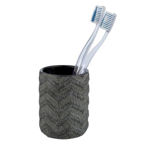 Schwarzer Wenko Zahnputzbecher Mantua aus Keramik mit zwei Zahnbürsten.