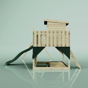 PolarPlay Spielturm Björn mit Babyschaukel, Rutsche und Sandkasten. Holz natur, Akzente in Dunkelgrün.