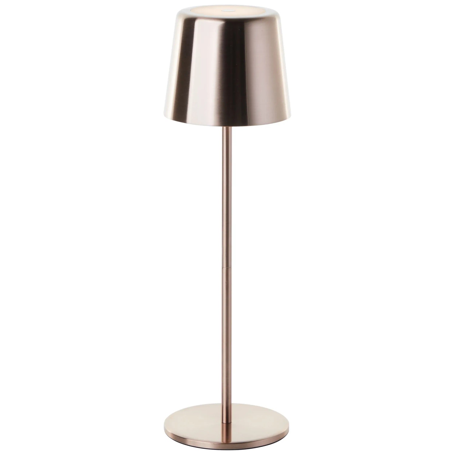 Elegante Brilliant Akku-Tischleuchte Xaana in hellem Kupfer, dimmbar und für Innen- & Außenbereich.