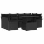 Schwarzes 7-teiliges vidaXL Garten-Sofa-Set aus Poly Rattan mit Kissen und Tisch.