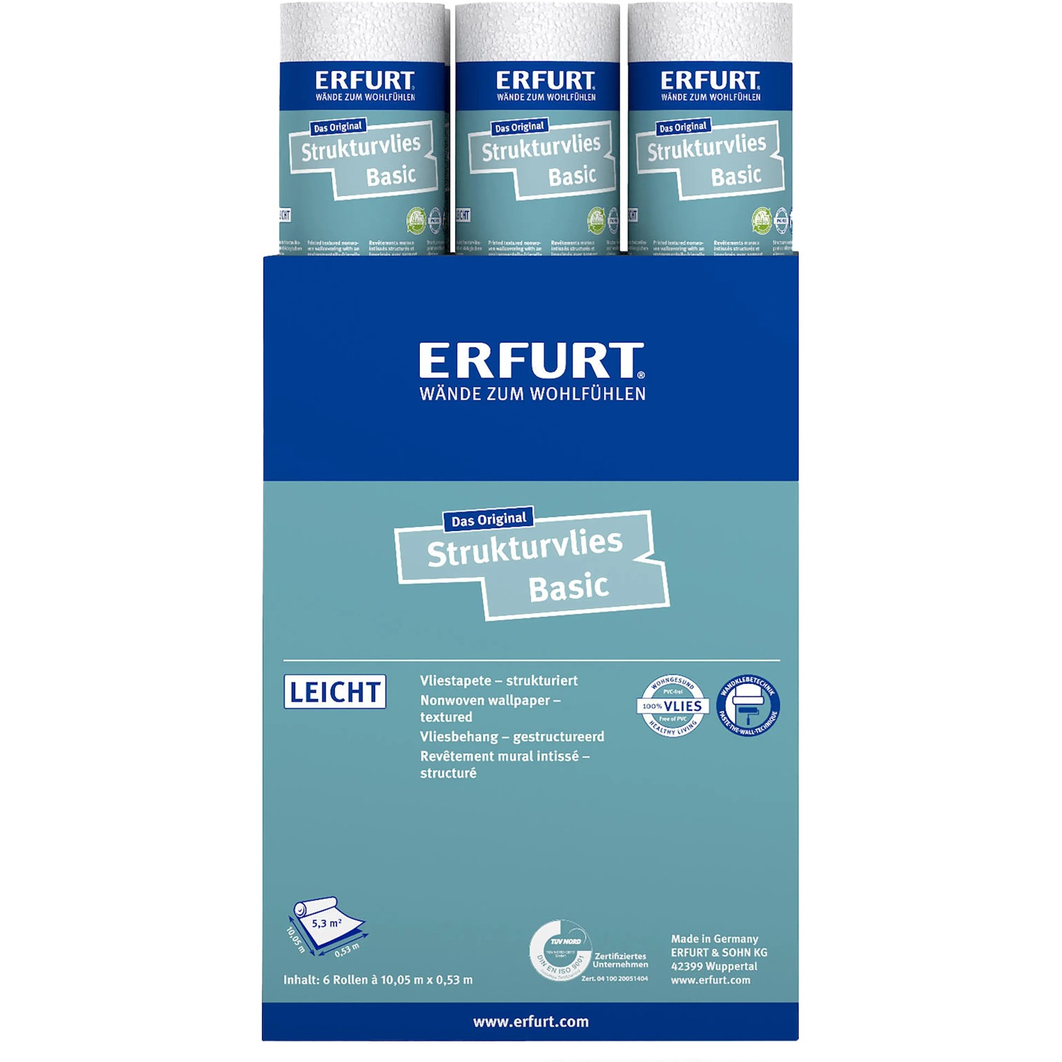ERFURT Strukturvlies Basic 406, überstreichbare Vliestapete, 6 Rollen à 10,05x0,53m.