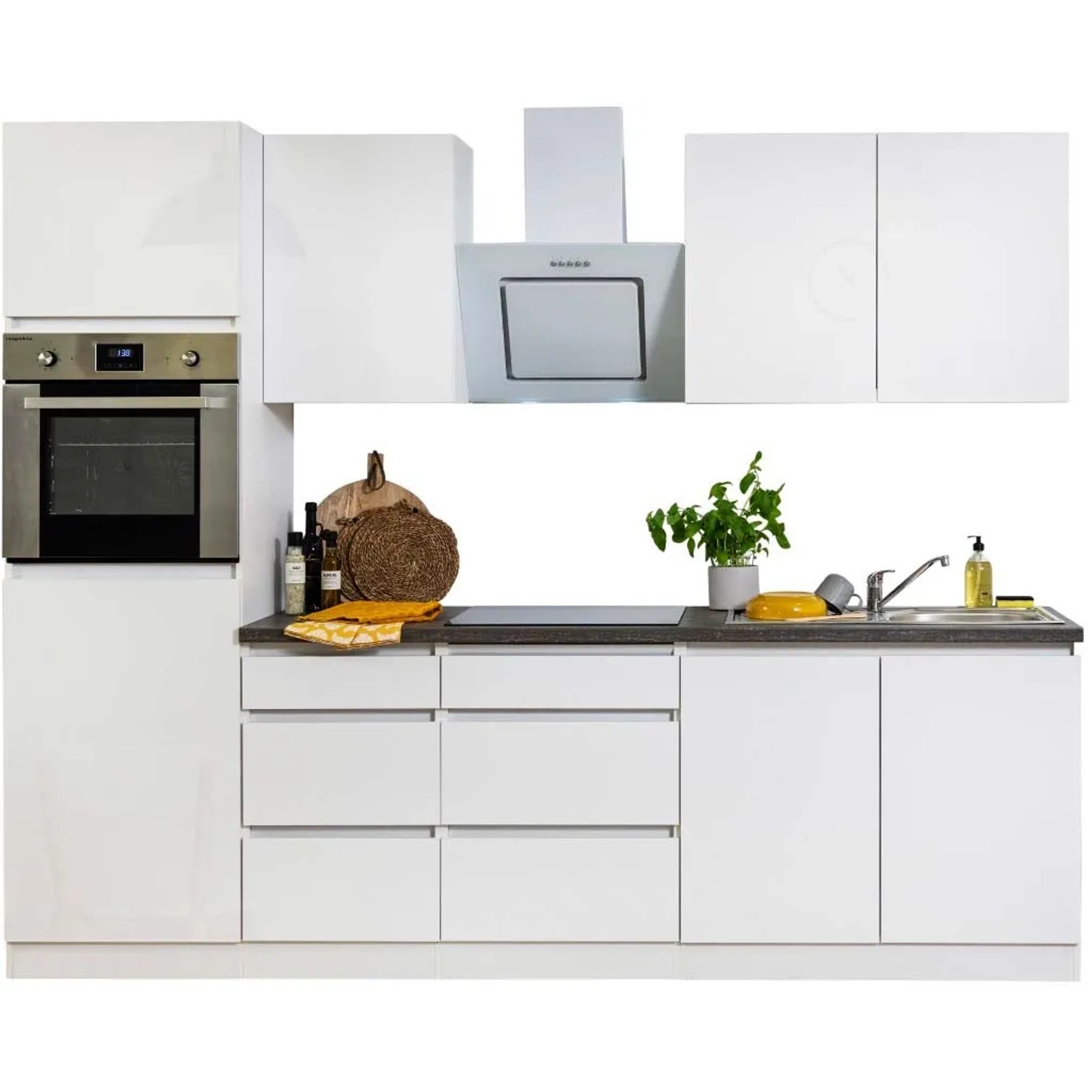 Respekta Küchenzeile 270 cm, grifflos, weiß hochglanz, ohne E-Geräte. Moderne Optik mit viel Stauraum.