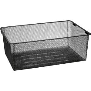 Schwarzer Metall-Drahtgitterkorb (21x39x60cm) für Regale zur Aufbewahrung.