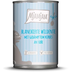 Mjamjam Katzen-Nassfutter mit Wildente und Kürbis in Dose, getreidefrei und hoher Fleischanteil.