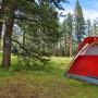Aufgebautes Campingzelt mit Relaxdays Campingdusche am Baum befestigt im Outdoor Bereich.