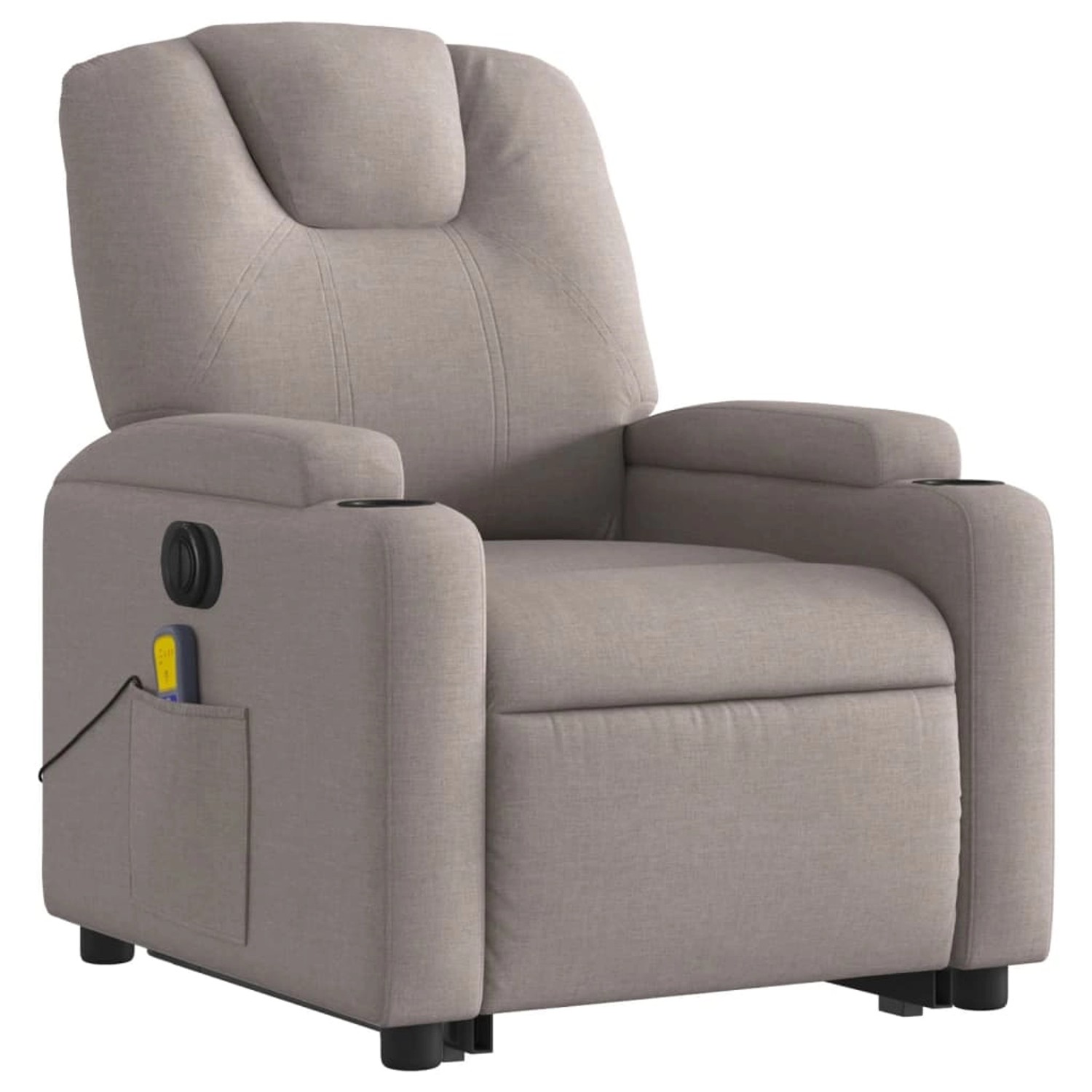 Elektrischer Massagesessel mit Aufstehhilfe, taupefarbener Stoff, Relaxsessel mit Getränkehalter und Seitentasche.