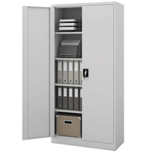 DELUKE Aktenschrank KADO, abschließbarer Büroschrank mit Flügeltüren, 185x90x40 cm, grau, mit Ordnern und Zubehör.