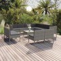 Graues 12-tlg. vidaXL Garten-Lounge-Set mit anthrazitfarbenen Auflagen aus Polyrattan auf einer Holzterrasse.