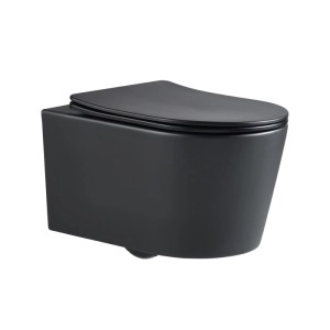 Schwarzes, spülrandloses Wand-WC mit SoftClose WC-Sitz. Kompaktes Hänge-WC aus matter Keramik, ideal für kleine Bäder.
