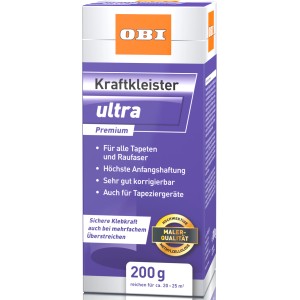 Packung OBI Kraftkleister ultra, 200g, für Tapeten und Raufaser.