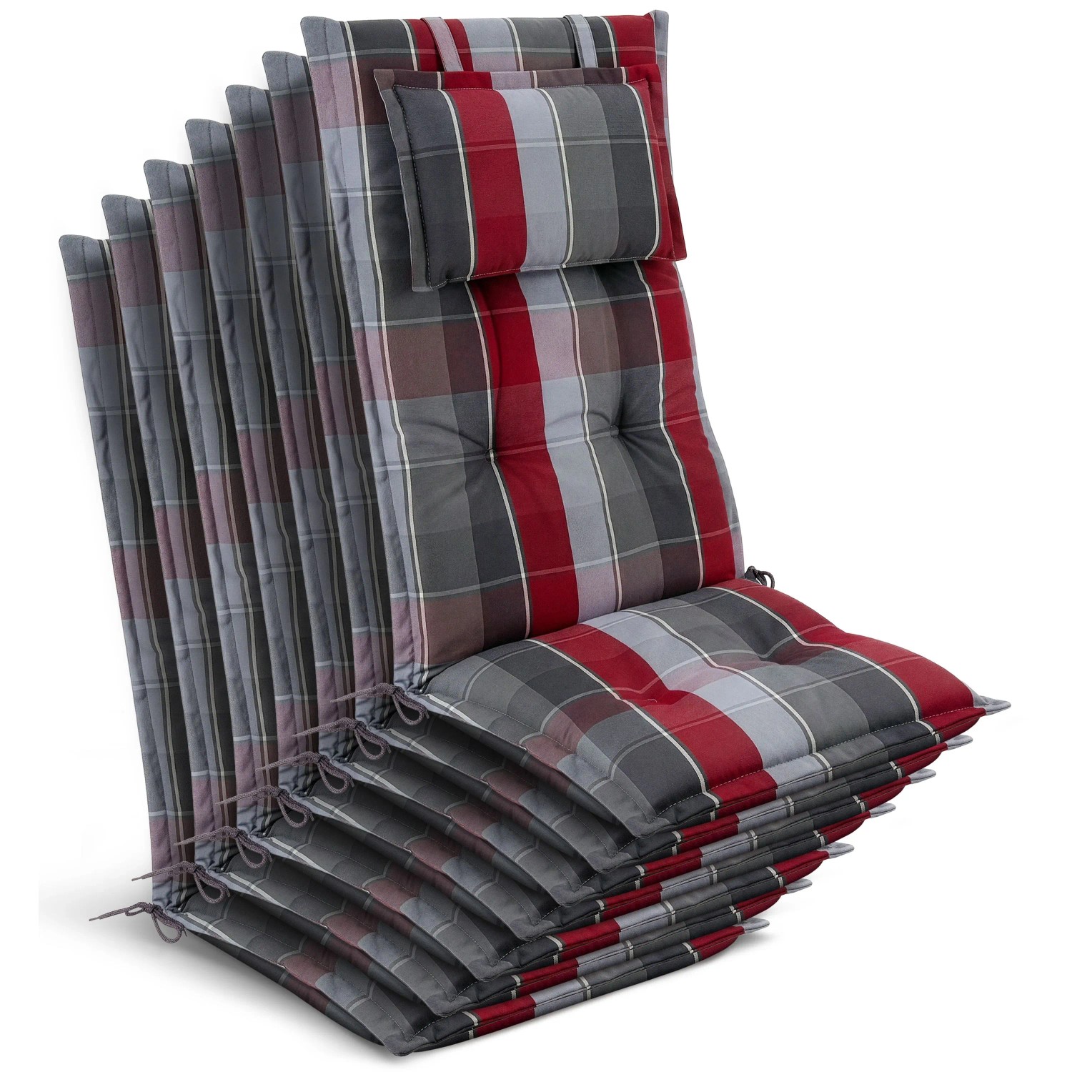 Beautissu 7x Gartenstuhlauflage Hochlehner 120x50x7cm Grau-Rot-Hellblau-Kariert
