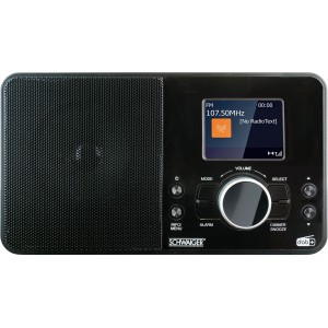 Schwarzes Schwaiger Digitalradio mit DAB+ und FM, Nahansicht.