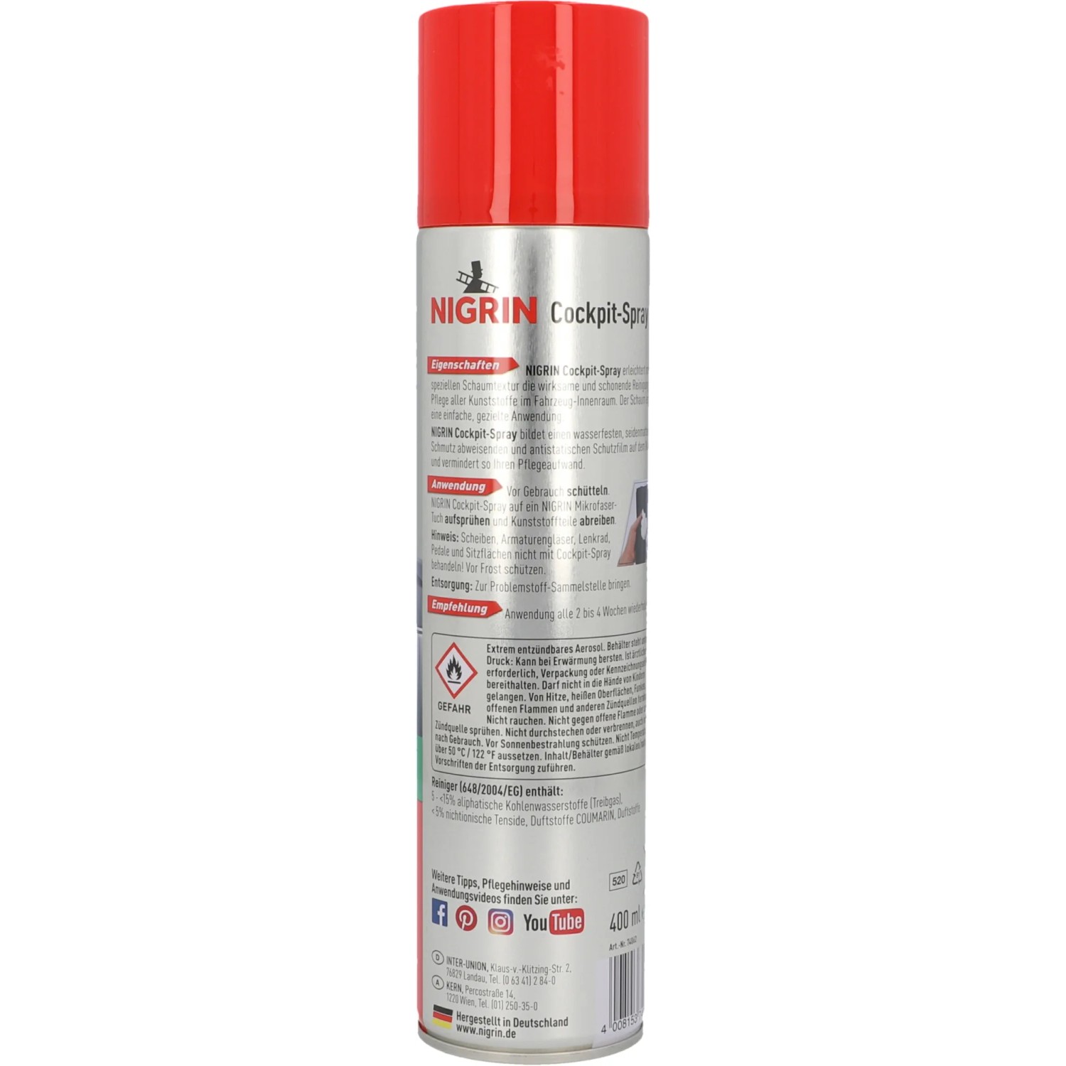Nigrin Cockpit-Spray Vanille, 400ml, zur Reinigung und Pflege von Auto-Kunststoffen.