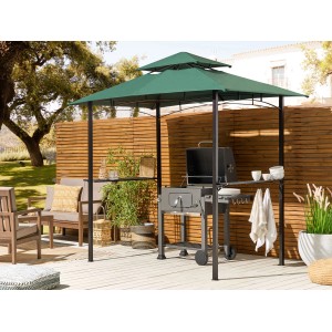 Dunkelgrüner Beliani Pavillon NARO 185x121x245 mit Grill und Regalen.