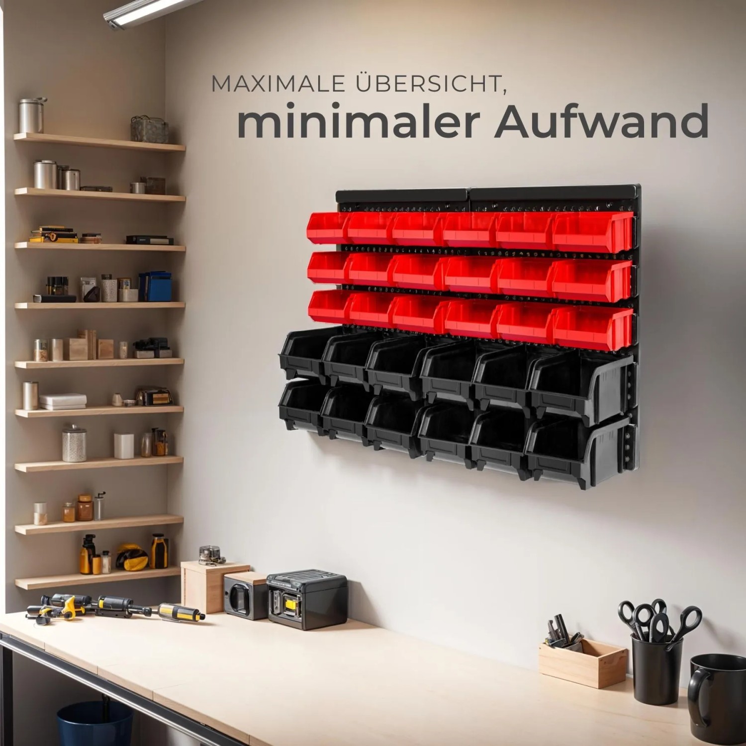 Wandregal mit roten und schwarzen Stapelboxen von Tectake, ideal zur Werkzeugsortierung.