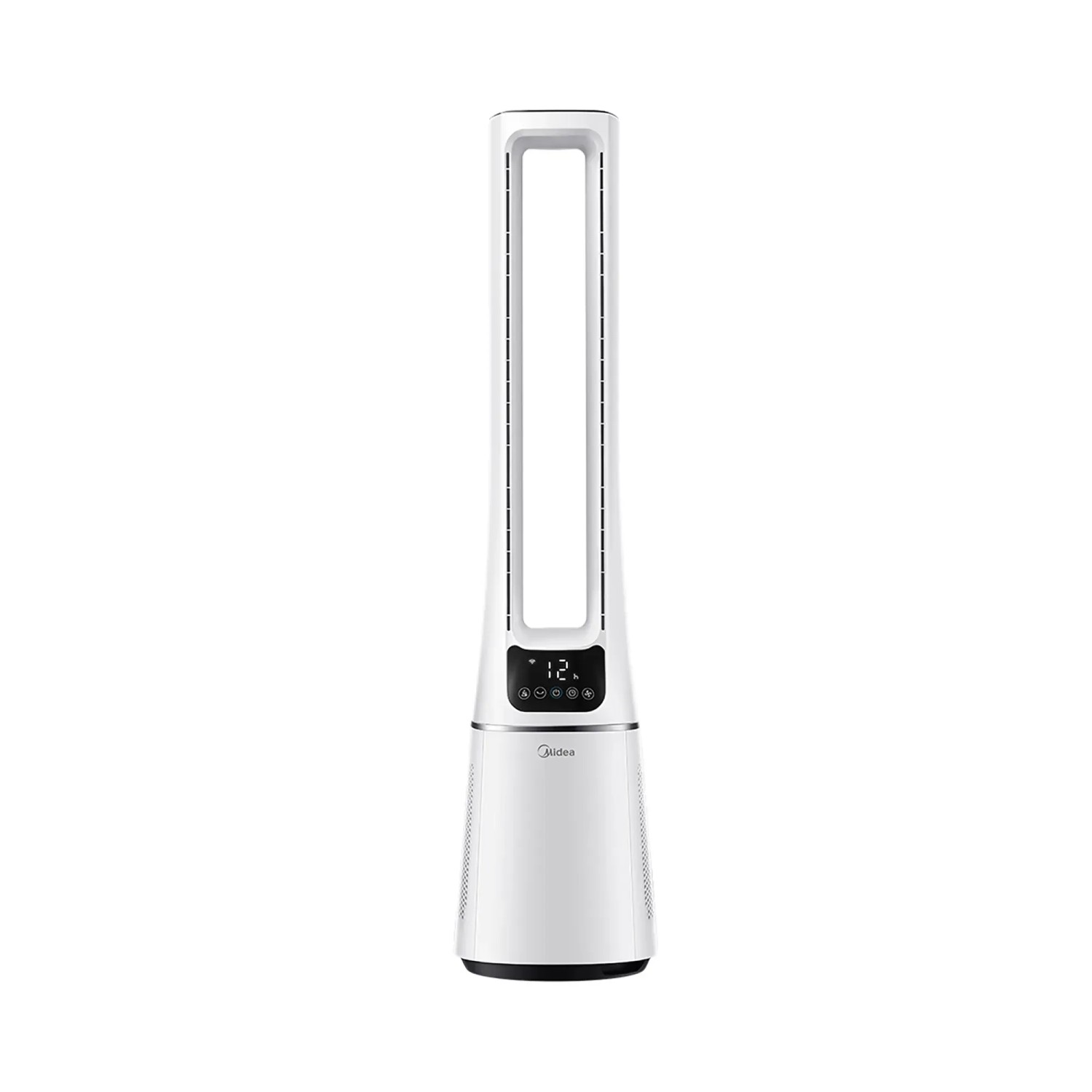 Weißer Midea Turmventilator mit Luftreiniger und digitaler Anzeige.