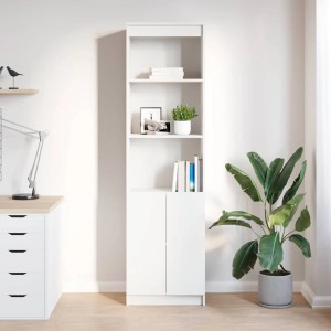 Weißes Highboard 50x35x180 cm aus Holzwerkstoff mit offenen Regalen und zwei Türen. Vielseitiger Stauraum.