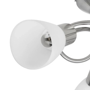 Nahaufnahme eines weißen Glas-Lampenschirms mit E14-Fassung und satiniertem Nickel-Metallgestell der Deckenleuchte.