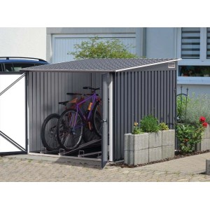 Duramax Fahrradgarage 2x2m aus Metall in Grau mit zwei Fahrrädern und geöffneter Tür.