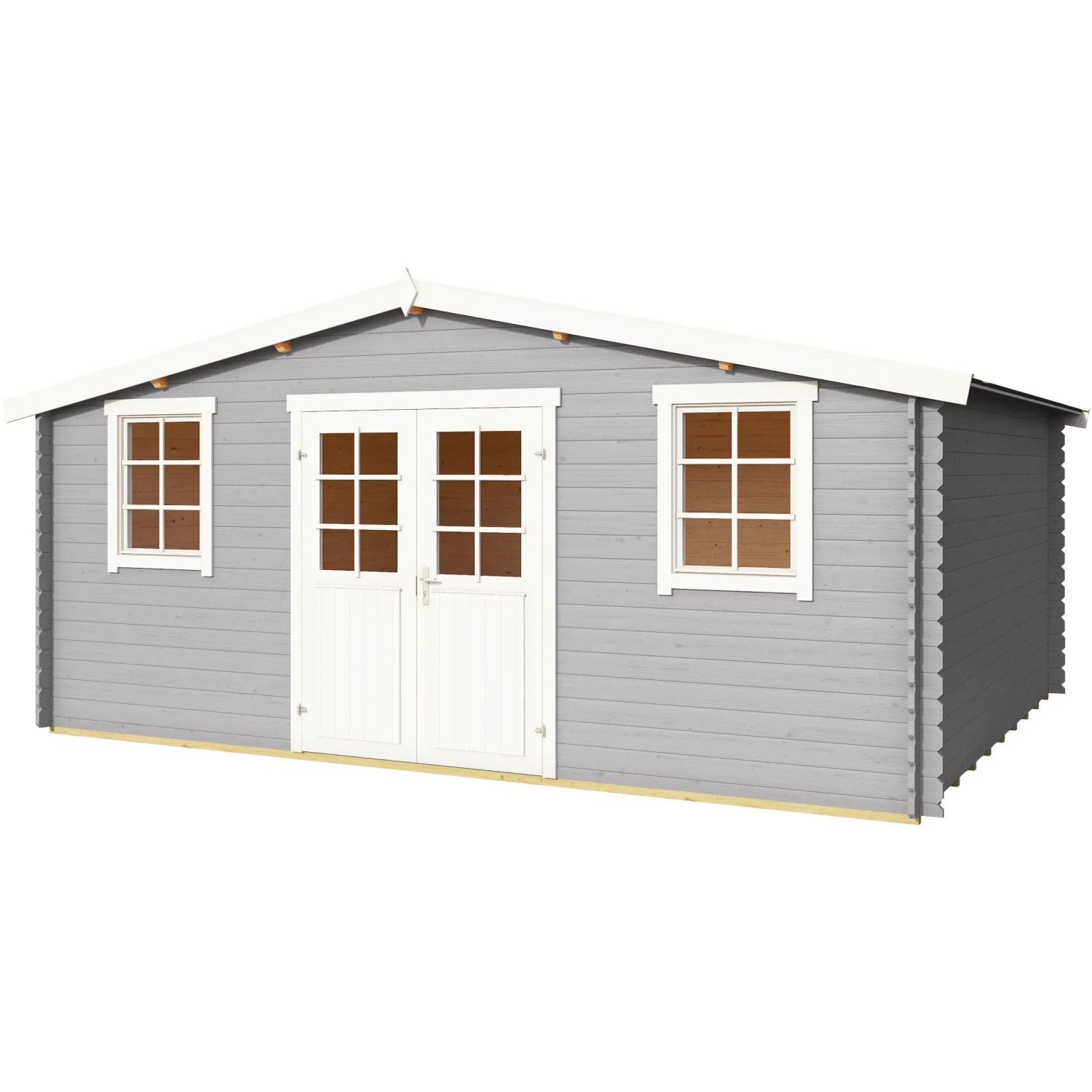 Lichtgraues Lasita Holz-Gartenhaus Wels mit Satteldach, weißen Fenstern und Doppeltür.